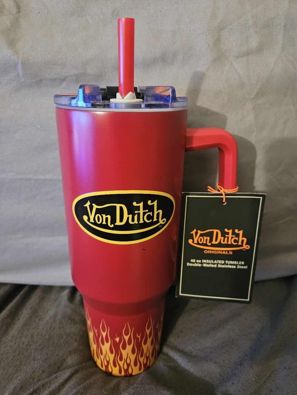 New Von Dutch Red Insulated Tumbler with Flame Graphics and Handle